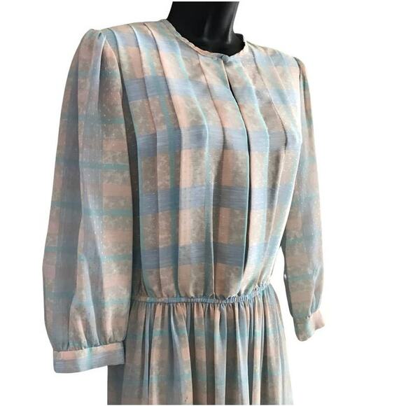 Vintage Jonathan Martin Dress, 1980s Light Blue Plaid Casual Dress Size Medium - Picture 3 of 6